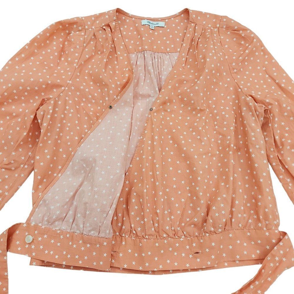 Madewell Wrap Blouse Womens Medium Peach Tie Front 3/4 Sleeve V-Neck Stars Boho - Picture 6 of 13